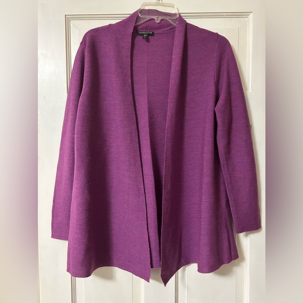 Eileen Fisher Purple/Lavender Merino Wool Open Front Cardigan Petite Large